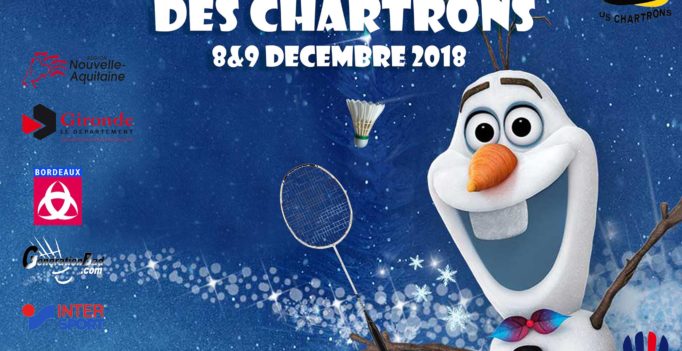 Affiche du tournoi givré des chartrons de 2018 : Fond bleu avec le personnage Olaf qui tiens une raquette dans les maine et qui sourie