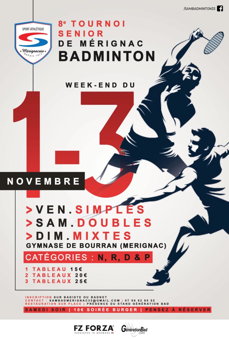 affiche tournoi mérignac : dessin de deux joueurs de badminton en noir et blanc